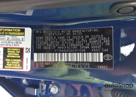 2025 Toyota Camry Se from USA, damaged, VIN 4T1DAACK3SU141508